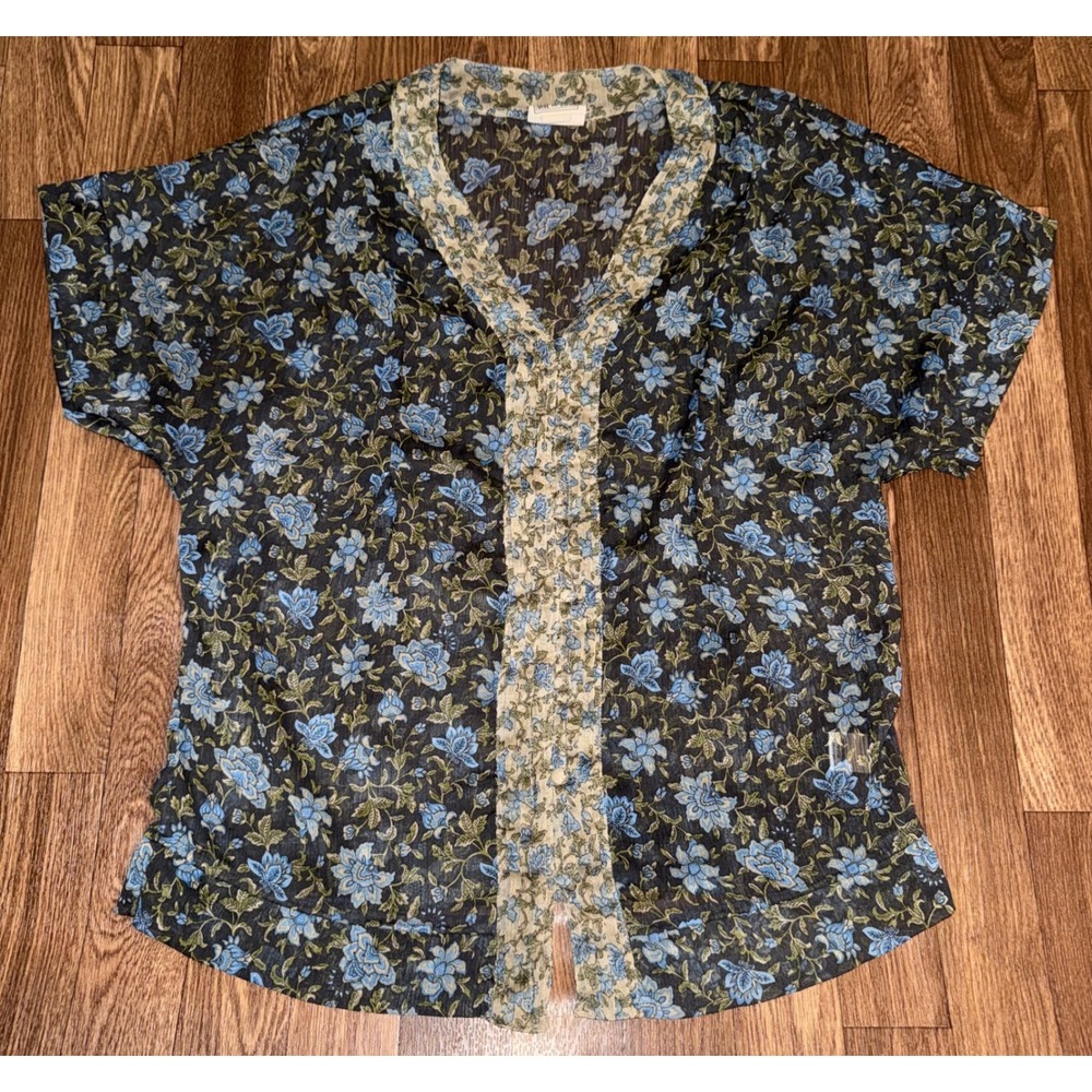 Converse One Star Blue Floral‎ Sheer Chiffon V-Neck Blouse Top Womens Small